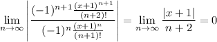 \displaystyle \lim_{n\to\infty} \left| \frac{ (-1)^{n+1} \frac{(x+1)^{n+1}}{(n+2)!} }{ (-1)^n \frac{(x+1)^n}{(n+1)!} } \right|=\lim_{n\to\infty}\frac{|x+1|}{n+2}=0