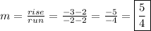 m=\frac{rise}{run}=\frac{-3-2}{-2-2}=\frac{-5}{-4}  =\boxed{\frac{5}{4}}