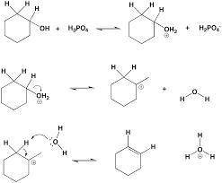 By what mechanism does cyclohexanol react when treated in concentrated sulfuric acid/phosphoric acid