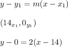 y-y_{1}=m(x-x_{1})\\\\(14_{x_{1}},0_{y_{1}})\\\\y-0=2(x-14)