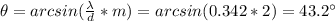 \theta = arcsin(\frac{\lambda}{d}*m) = arcsin(0.342*2) = 43.2 ^{\circ}