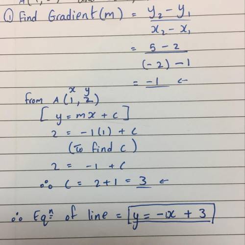 What is the equation of a line passing through the points (1,2) and (-2, 5)?