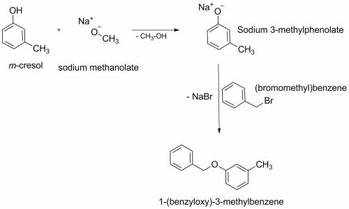 Draw the mechanism for the williamson ether reaction using m-cresol and benzyl bromide (use sodium m