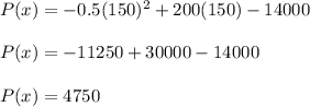 P(x) = -0.5(150)^2 +200(150) - 14000\\\\P(x)=-11250+30000-14000\\\\P(x)=4750