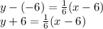 y-(-6)=\frac{1}{6}(x-6)\\y+6= \frac{1}{6}(x-6)
