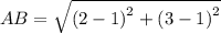 AB=\sqrt{\left(2-1\right)^2+\left(3-1\right)^2}