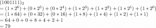(1001111)_2\\=(1*2^6)+(0*2^5)+(0*2^4)+(1*2^3)+(1*2^2)+(1*2^1)+(1*2^0)\\=(1*64)+(0*32)+(0*16)+(1*8)+(1*4)+(1*2)+(1*1)\\=64+0+0+8+4+2+1\\=79