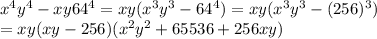 x^4 y^4 - x y64^4 = xy( x^3y^3 - 64^4) = xy( x^3y^3 - (256)^3)  \\           = xy( xy - 256 )(x^2y^2 + 65536 + 256xy)