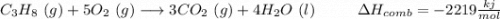 C_3H_8\ (g) +5 O_2 \ (g)\longrightarrow  3 CO_2 \ (g) +4H_2O \ (l)\ \ \ \ \ \ \ \  \Delta H_{comb} = -2219 \frac{kj}{mol}