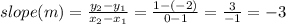slope (m) = \frac{y_2 - y_1}{x_2 - x_1} = \frac{1 -(-2)}{0 - 1} = \frac{3}{-1} = -3