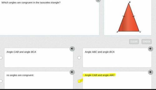Which angles are congruent in the isosceles triangle?

Angle CAB and angle BCA
Angle ABC and angle B