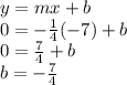 y=mx+b\\0=-\frac{1}{4}(-7)+b\\0= \frac{7}{4}+b\\b=-\frac{7}{4}