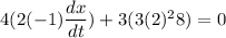 4(2(-1)\dfrac{dx}{dt})+3(3(2)^28)=0