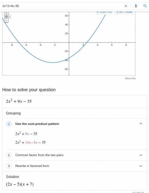 What is the answer to 2x^2+9x-35