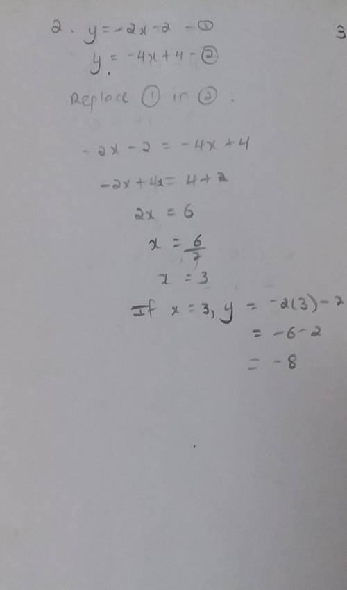 Solve each equation by substitution

1, y=6x+14 6x+5y=-22 y=-2x-2 y=-4x+43, x-5y=-207x+3y=12i need t