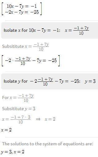 Find the solution of this system of equations 10x-7y=-1 -2x-7y+-25