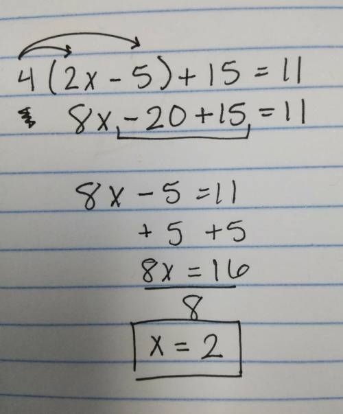 An equation is shown below:  4(2x - 5) + 15 = 11 write the steps you will use to solve the equation 