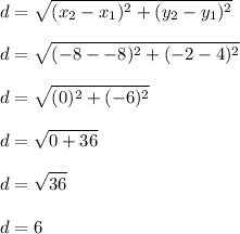 \displaystyle d = \sqrt{(x_2-x_1)^2+(y_2-y_1)^2}\\\\d = \sqrt{(-8 - -8)^2 + (-2 - 4)^2}\\\\d = \sqrt{(0)^2+(-6)^2}\\\\d = \sqrt{0 + 36}\\\\d = \sqrt{36}\\\\d = 6