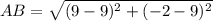 AB = \sqrt{(9-9)^{2}+(-2-9)^{2}}