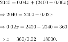 2040=0.04x + (2400-0.06x) \\\\\Rightarrow 2040=2400 - 0.02x \\\\\Rightarrow 0.02x = 2400-2040=360 \\\\\Rightarrow x = 360/0.02=18000.