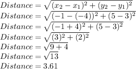 Distance=\sqrt{(x_2-x_1)^2+(y_2-y_1)^2}\\Distance=\sqrt{(-1-(-4))^2+(5-3)^2}\\Distance=\sqrt{(-1+4)^2+(5-3)^2}\\Distance=\sqrt{(3)^2+(2)^2}\\Distance=\sqrt{9+4}\\Distance=\sqrt{13}\\Distance=3.61