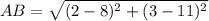 AB = \sqrt{(2-8)^2 + (3 - 11)^2}