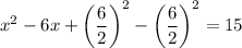 x^2-6x+\left(\dfrac{6}{2}\right)^2-\left(\dfrac{6}{2}\right)^2=15