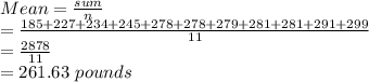 Mean = \frac{sum}{n}\\= \frac{185+227 +234+ 245+ 278+ 278+ 279+ 281+ 281+ 291+ 299}{11}\\=\frac{2878}{11}\\=261.63\ pounds