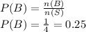 P(B) = \frac{n(B)}{n(S)}\\P(B) = \frac{1}{4} = 0.25