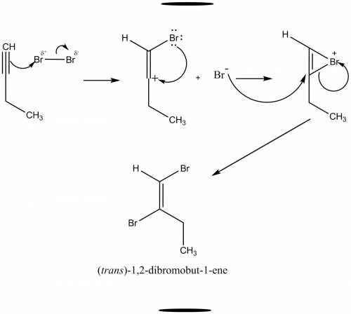 Draw the major organic product from reaction of 1-butyne with 1 equiv br2. specify stereochemistry w