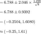 =6.788\pm 2.046\times\frac{1.299}{\sqrt{8}}\\\\=6.788\pm 0.9392\\\\=(-0.2504, 1.6080)\\\\\approx (-0.25, 1.61)