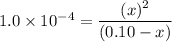 1.0\times 10^{-4}= \dfrac{(x)^2}{(0.10-x)}