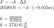 F=-k \cdot \Delta L\\20580N=-k \cdot (-0.055m)\\\\k=\frac{20580N}{0.055m}\\k= 374181\frac{N}{m}