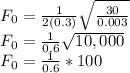 F_0 = \frac{1}{2(0.3)}\sqrt{\frac{30}{0.003} }\\F_0 =  \frac{1}{0.6}\sqrt{10,000}}\\F_0 = \frac{1}{0.6} * 100\\