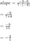 slope =  \frac{ - 3 - 6}{7 - ( - 8)}  \\  \\  =  \frac{ - 9}{7 + 8}  \\  \\  =    \frac{ - 9}{15}  \\  \\  =  -  \frac{3}{5}  \\