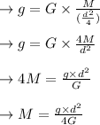 \to g = G \times \frac{M}{(\frac{d^2}{4})}\\\\\to g=G\times \frac{4M}{d^2}\\\\\to 4M= \frac{g \times d^2}{G} \\\\\to M=  \frac{g \times d^2}{4G} \\\\