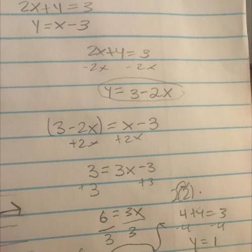 2x + y = 3

y = x - 3
Which point is the solution?
A (-2, -1)
C (-1,2)
B (-1,-2)
D (2, -1)