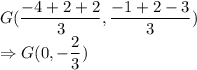 G(\dfrac{-4+2+2}{3}, \dfrac{-1+2-3}{3})\\\Rightarrow G(0, -\dfrac{2}{3})