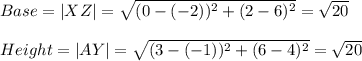 Base=|XZ|=\sqrt{(0-(-2))^2+(2-6)^2} =\sqrt{20} \\\\Height=|AY|=\sqrt{(3-(-1))^2+(6-4)^2}=\sqrt{20}