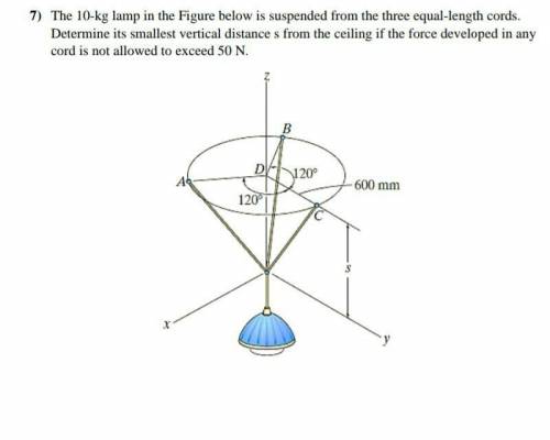 The 10-kg lamp is suspended from the

three equal-length cords. Determine its
smallest vertical dist
