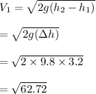 V_1 = \sqrt{2g(h_2 - h_1)}\\\\=\sqrt{2g(\Delta h)}  \\\\= \sqrt{2\times9.8\times3.2} \\\\= \sqrt{62.72}