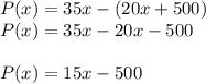 P(x) =35x- (20x+500)\\P(x)=35x-20x-500\\\\P(x)=15x-500