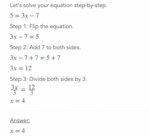 Find the input (x) of the function y = 3x - 7 if the output
(y) is 5.