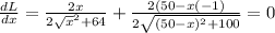 \frac{dL}{dx}=\frac{2x}{2\sqrt x^{2} +64} + \frac{2(50-x(-1)}{2\sqrt{(50-x)^{2} +100} } =0