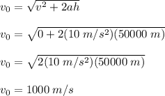 v_0=\sqrt{v^2+2ah} \\\\v_0 =\sqrt{ 0+2(10\;m/s^2)(50000\;m)}\\\\v_0 =\sqrt{ 2(10\;m/s^2)(50000\;m)} \\\\v_0 = 1000\;m/s