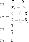 \displaystyle m = \frac{y_2-y_1}{x_2-x_1}\\\\m = \frac{4-(-3)}{2-(-5)}\\\\m = \frac{7}{7}\\\\m = 1