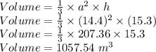 Volume=\frac{1}{3}\times a^2 \times h\\Volume=\frac{1}{3}\times (14.4)^2 \times (15.3)\\Volume=\frac{1}{3}\times 207.36 \times 15.3\\Volume=1057.54 \ m^3