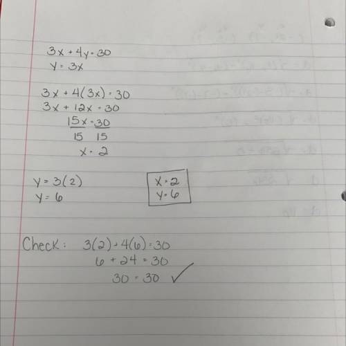 What is the solution to 3x+4y=30
y=3x