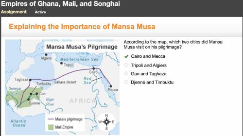 According to the map, which two cities did Mansa Musa visit on his pilgrimage? Cairo and Mecca Tripo