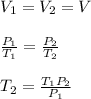 V_{1} = V_{2} = V\\\\\frac{P_{1}}{T_{1}} = \frac{P_{2}}{T_{2}}\\\\T_{2} = \frac{T_{1}P_{2}}{P_{1}}